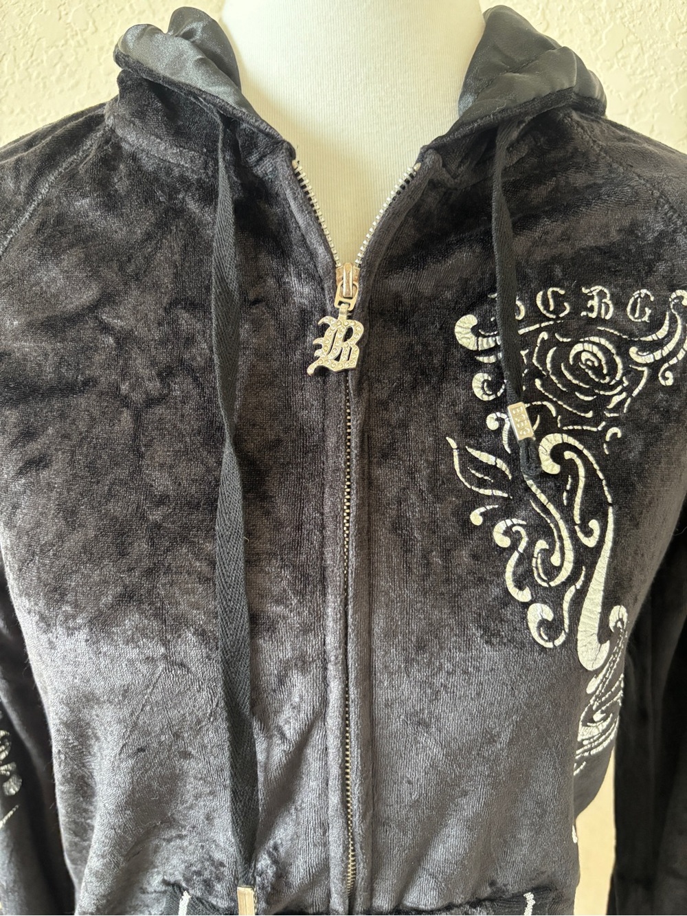 BCBG Maxazria Black Silver Velvety Velour Full-Zip Y2K Tracksuit Jacket Size M - Picture 3 of 6